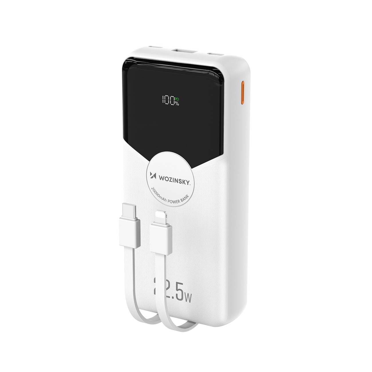 Wozinsky WFC-15W 20 000 mAh 22,5 W PD20W -varavirtalähde, jossa on sisäänrakennetut Lightning- ja USB-C-kaapelit – valkoinen