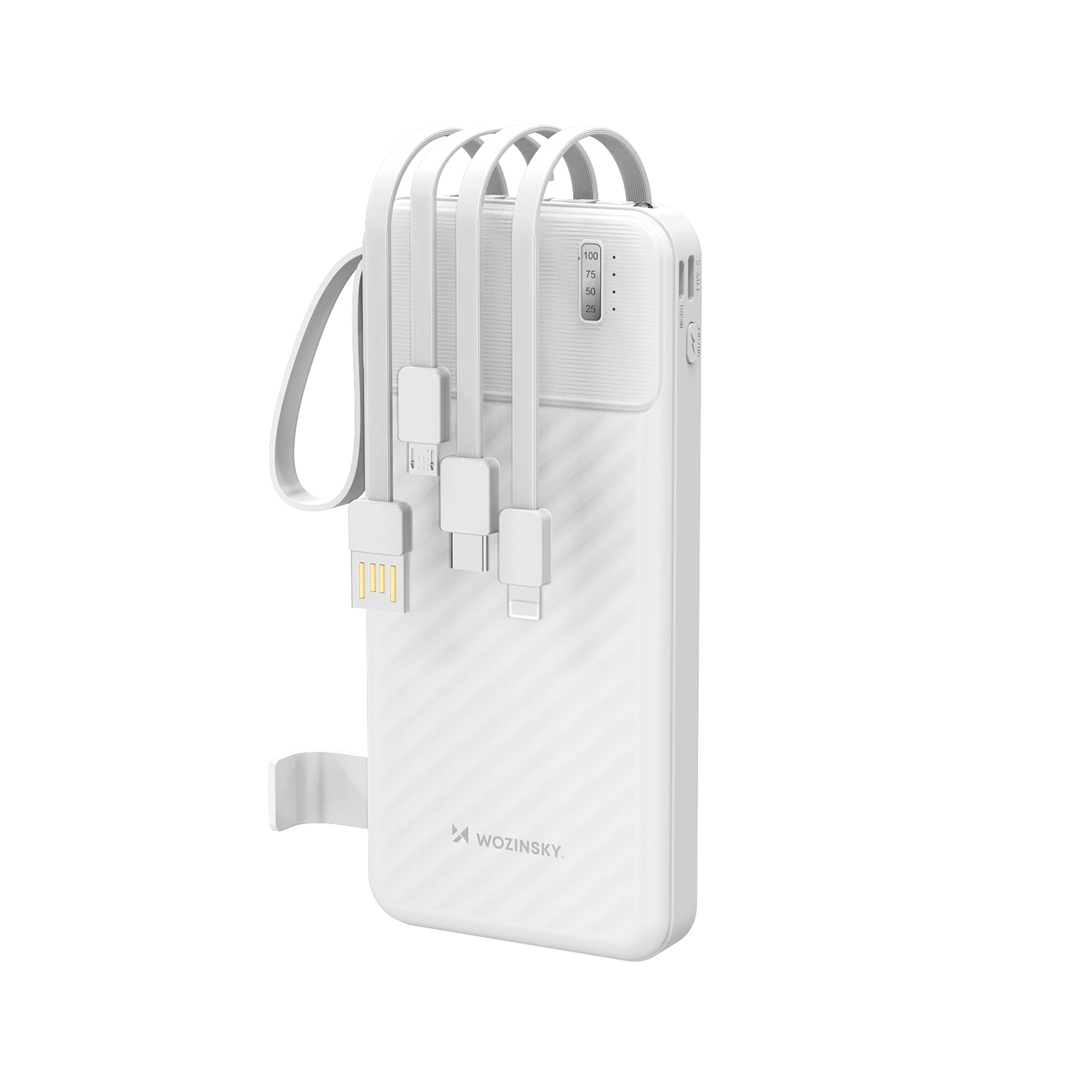 Wozinsky W11-W 10 000 mAh 10 W:n varavirtalähde, jossa on sisäänrakennetut johdot ja taskulamppu – valkoinen