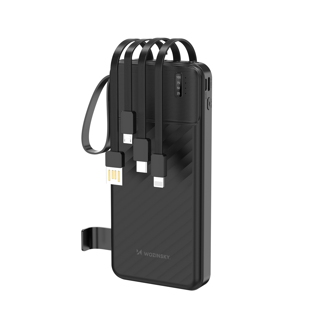 Wozinsky W11-B 10 000 mAh 10 W:n varavirtalähde, jossa on sisäänrakennetut johdot ja taskulamppu – Svart