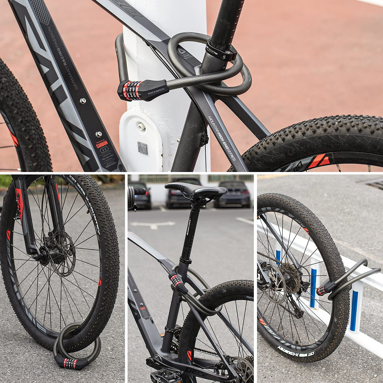 Rockbros RKS507 -pyörälukko, 5-numeroinen koodi, teräsköysi, 180 cm – Svart