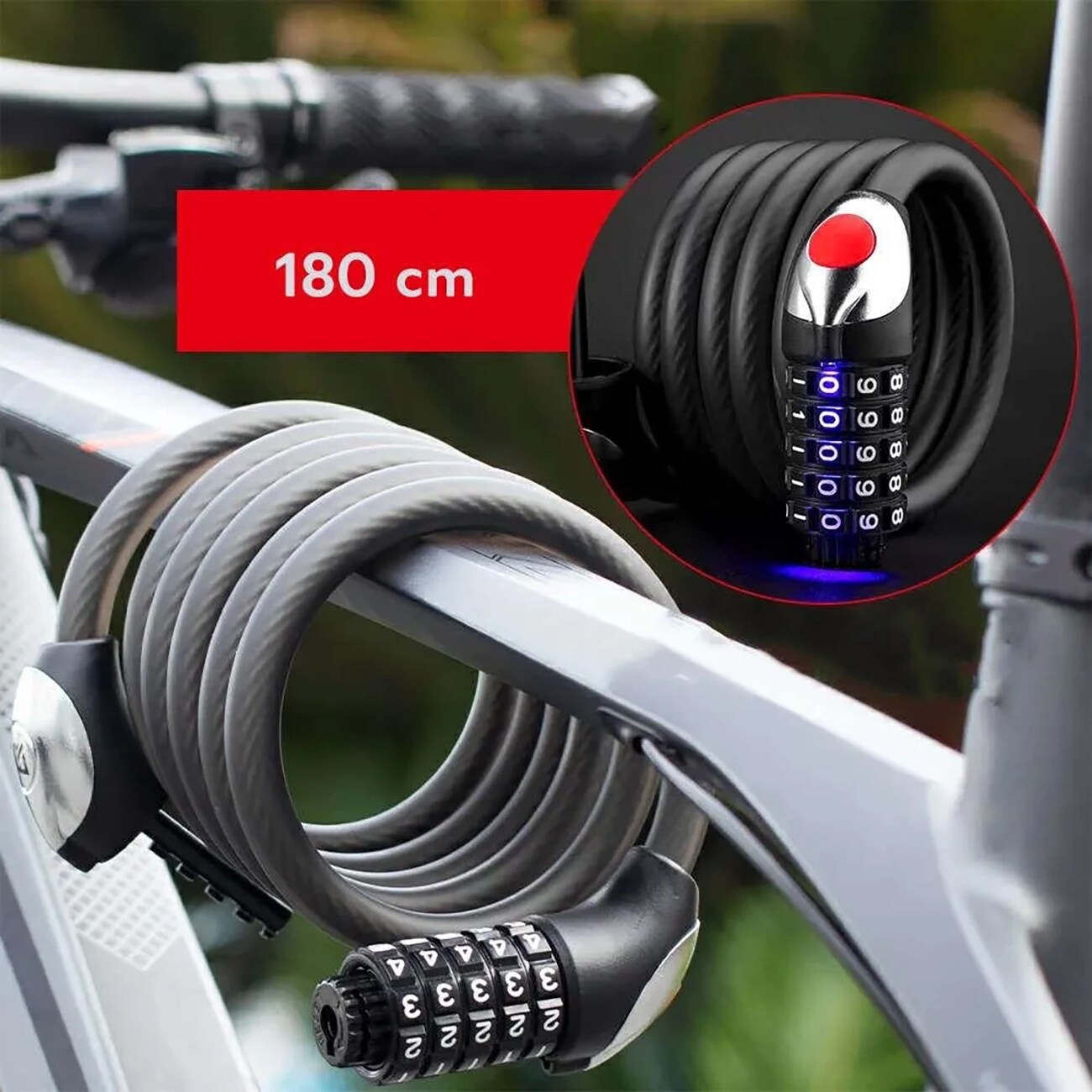 Rockbros RKS531 -pyörälukko, 5-numeroinen koodi, teräsköysi, 180 cm, LED-valolla – Svart