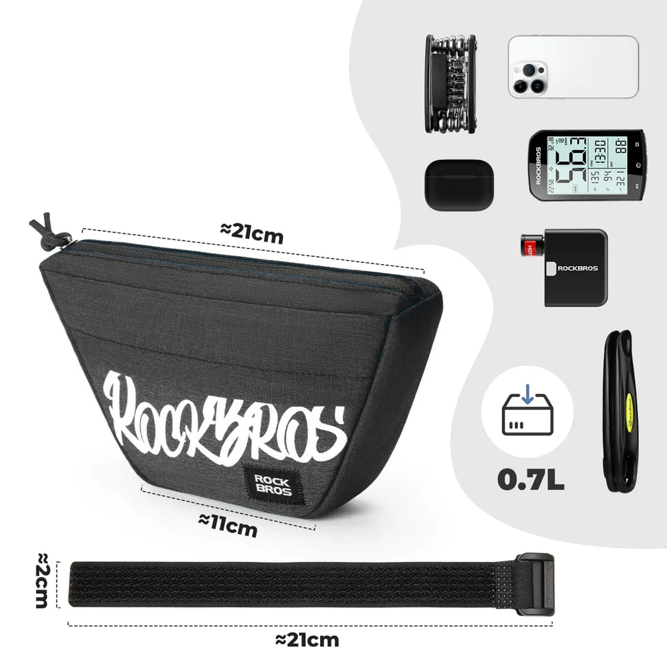 Rockbros G011 Flash Journey -pyörälaukku trapetsimalliselle ohjaustangolle, 0,7 l – Svart