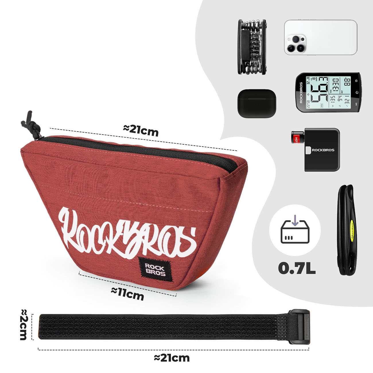 Rockbros G011 Flash Journey -pyörälaukku trapetsimalliselle ohjaustangolle, 0,7 l – punainen