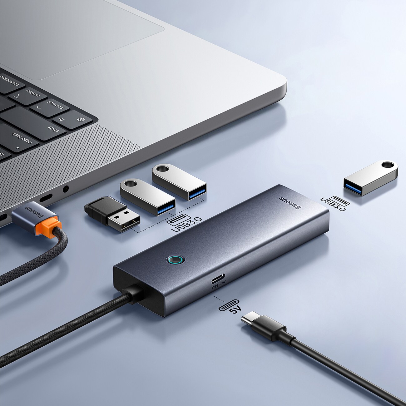 Baseus UltraJoy -sarjan USB-A-jakaja, 4 x USB-A 3.0, 1 x USB-C, 5 V, 50 cm – harmaa