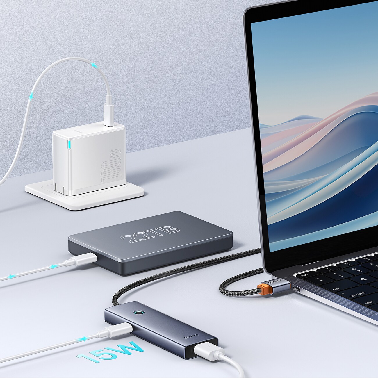 Baseus UltraJoy -sarjan USB-A-jakaja, 4 x USB-A 3.0, 1 x USB-C, 5 V, 50 cm – harmaa