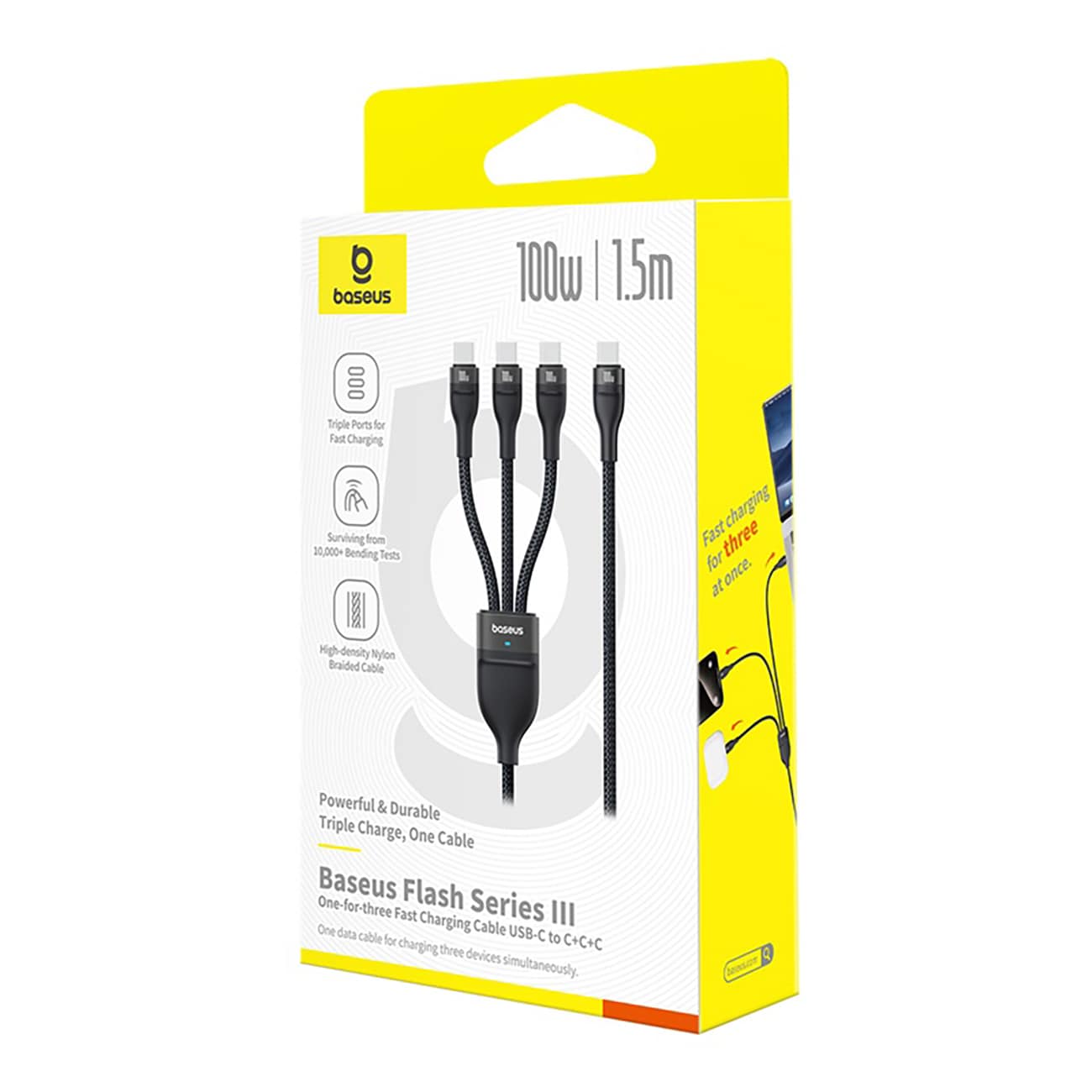 Baseus Flash 100 W 3-in-1 USB-C-kaapeli, 1,5 m – Svart / PD-kaapeli / Monitoimikaapeli