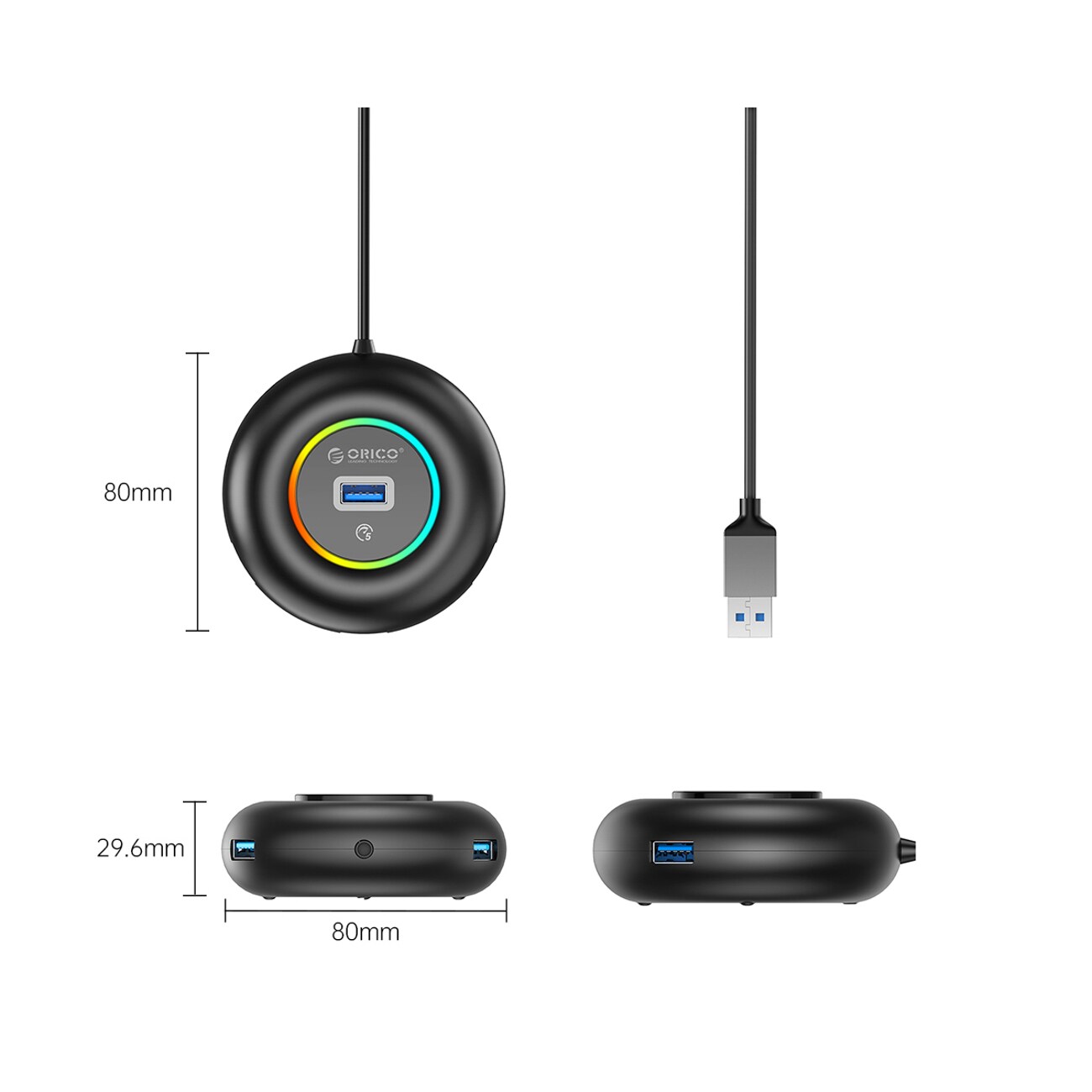 Orico YXR4-U3 RGB USB-jakaja, 4 USB-A 3.0 -porttia, ääni- ja mikrofoniliitäntä, 0,3 m – musta
