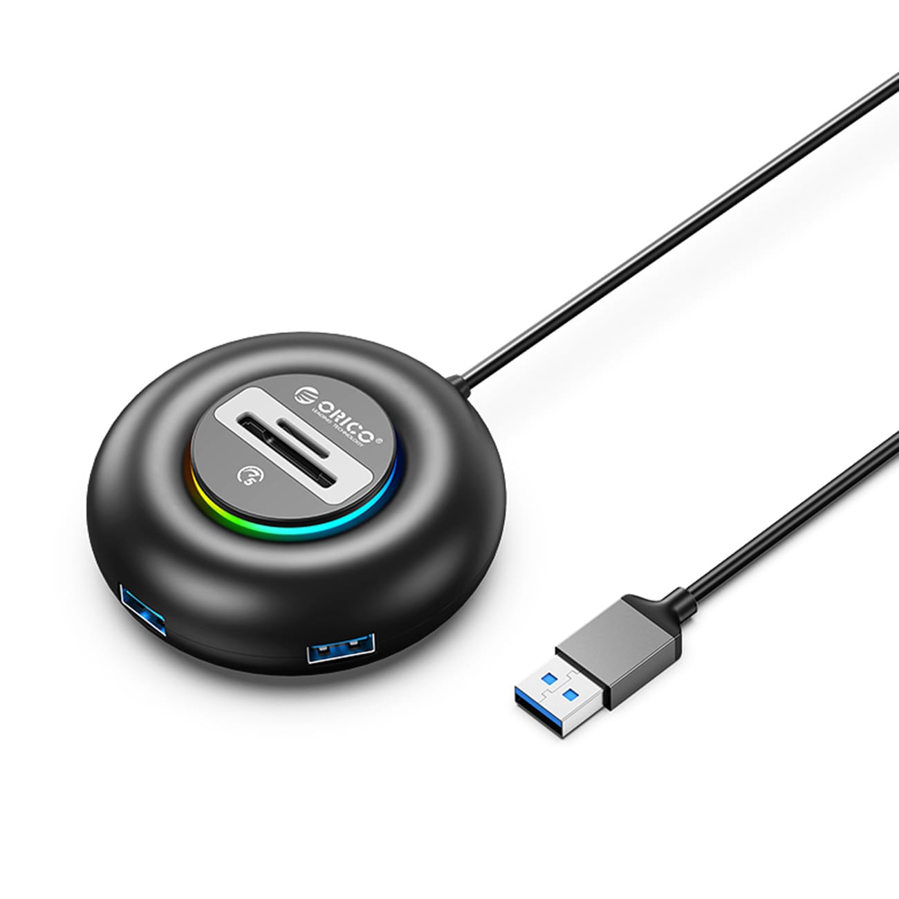 Orico YXR4 RGB USB-keskitin, 4 USB-A 3.0 -porttia, SD- ja microSD-kortinlukija, 1,8 m – musta