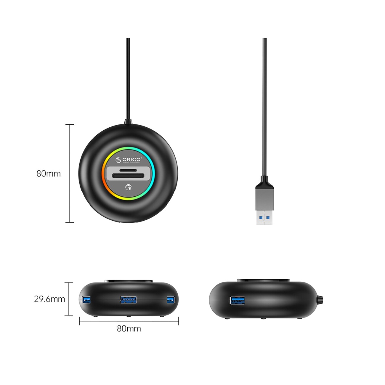 Orico YXR4 RGB USB-keskitin, 4 USB-A 3.0 -porttia, SD- ja microSD-kortinlukija, 1,8 m – musta