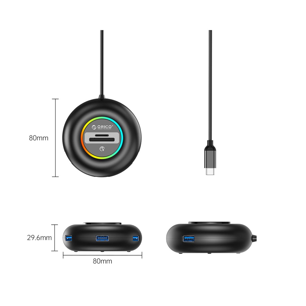 Orico YXR5-C3 USB-keskitin, 4 USB-A 3.0 -porttia, SD- ja microSD-kortinlukija, 0,3 m – musta