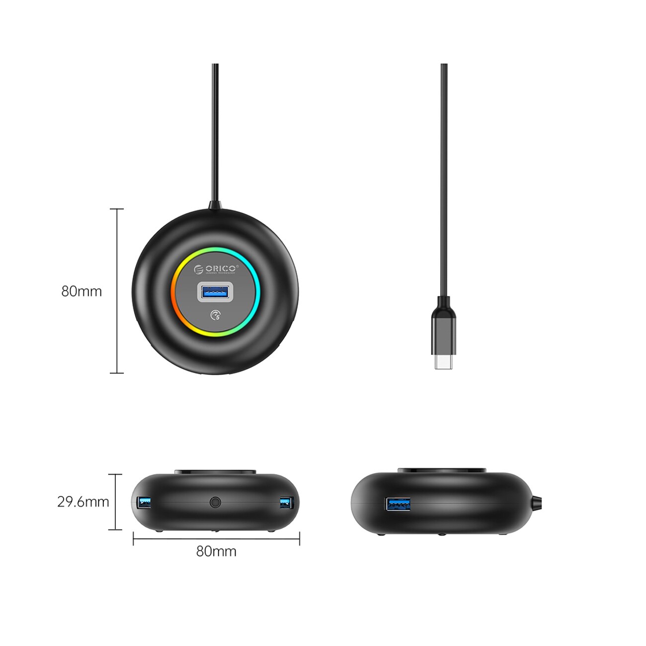 Orico YXR4-C3 RGB USB-jakaja, 4 USB-A 3.0 -porttia, ääni- ja mikrofoniliitäntä, 1,8 m – musta