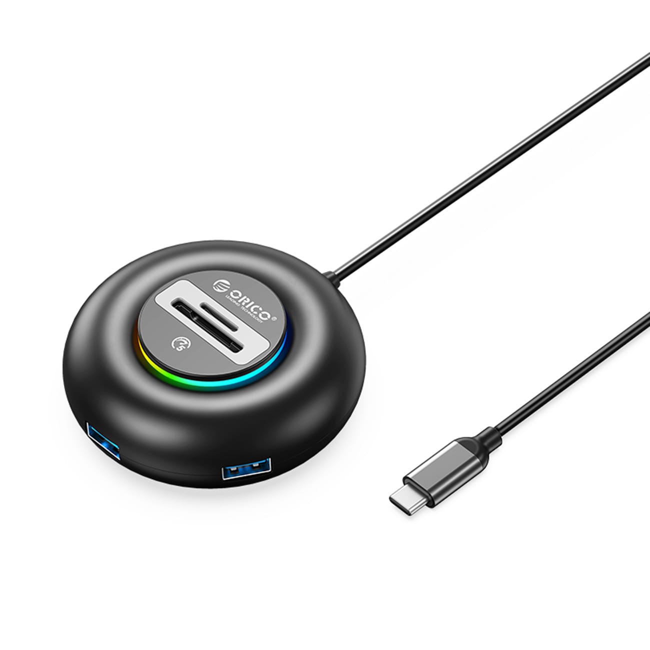 Orico YXR5-C3 RGB USB-keskitin, 4 USB-A 3.0 -porttia, SD- ja microSD-kortinlukija, 1,8 m – musta