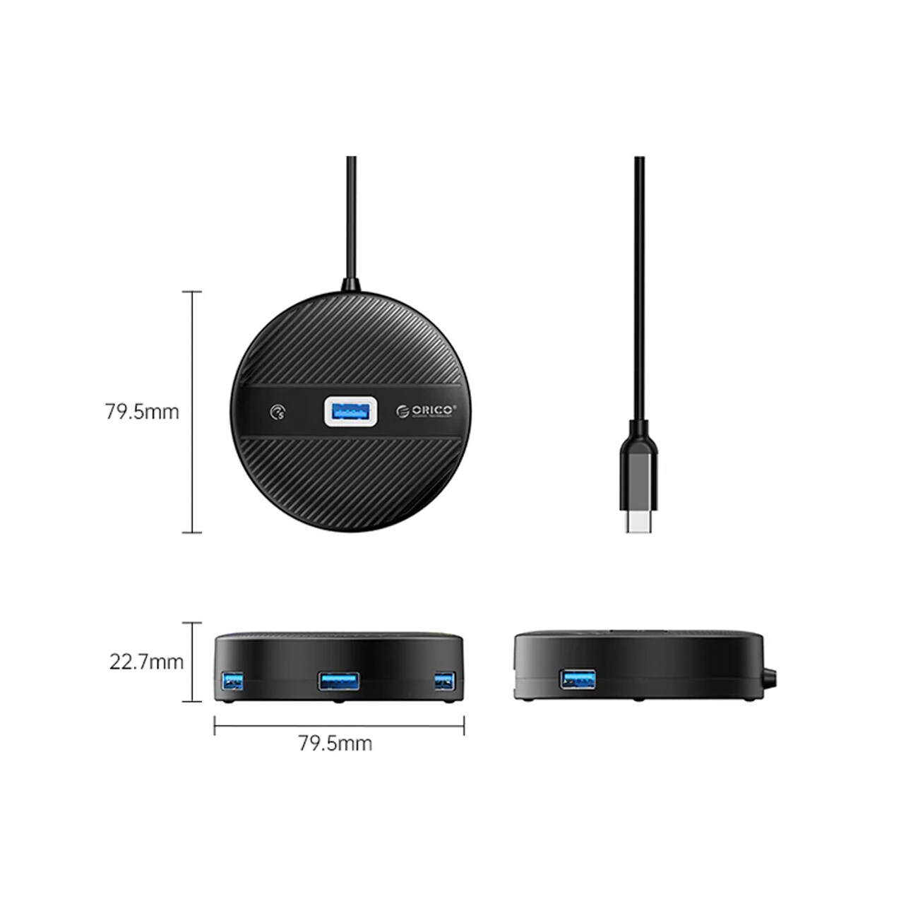 ORICO YS1-C2 4-porttinen USB-jakaja, 1 x USB-A 3.0, 3 x USB-A 2.0, 0,3 m – musta