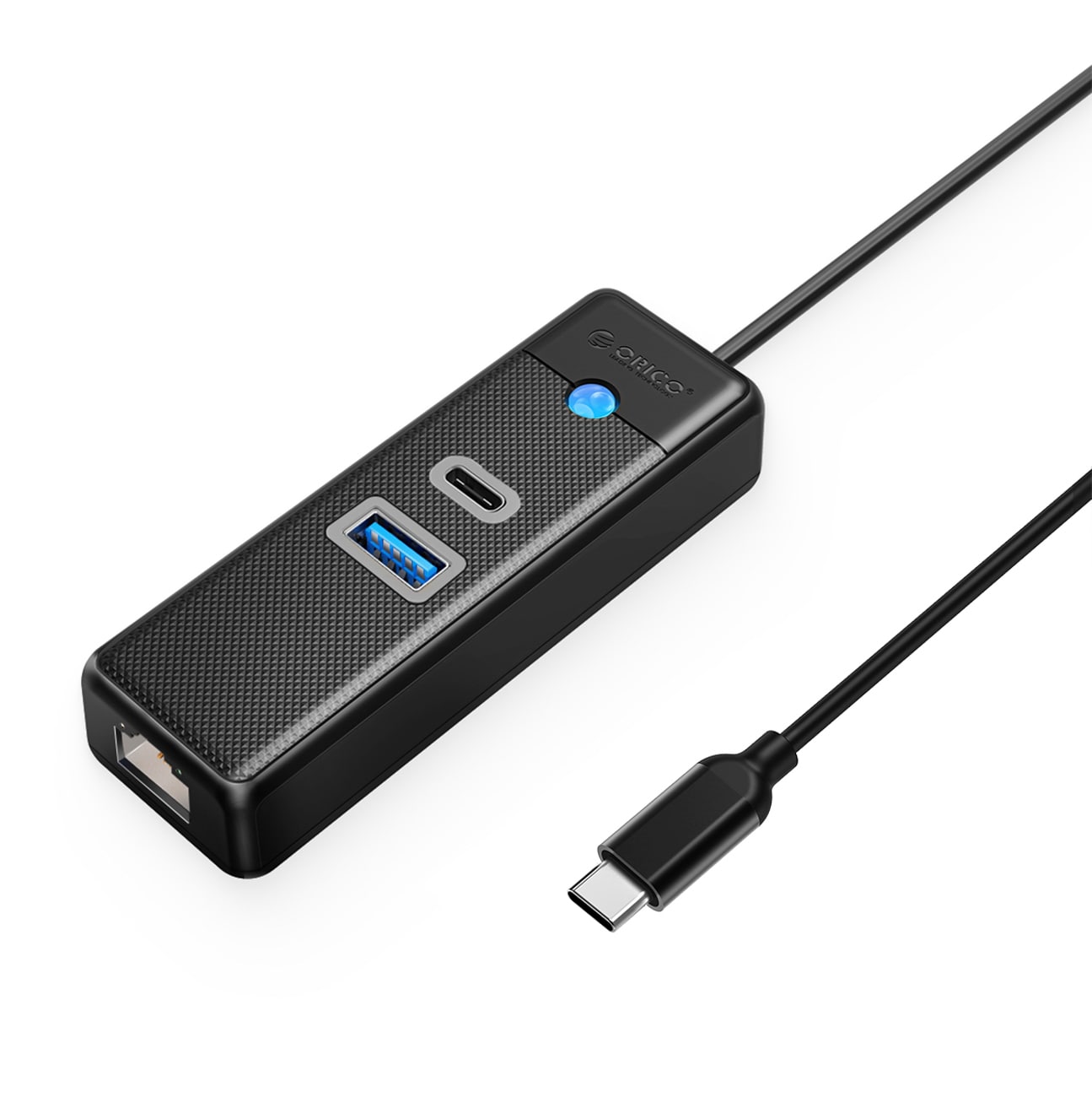 Orico PWCUR-C3 3-porttinen USB-jakaja: USB-A 3.0, USB-C 3.0, RJ45 Gigabit, 0,5 m – musta
