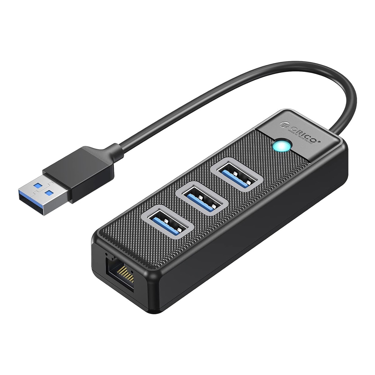 Orico PW3UR25-U3 USB-jakaja, 4 porttia: 3 x USB-A 3.0, 1 x RJ45 2,5 G Ethernet, 0,15 m – musta