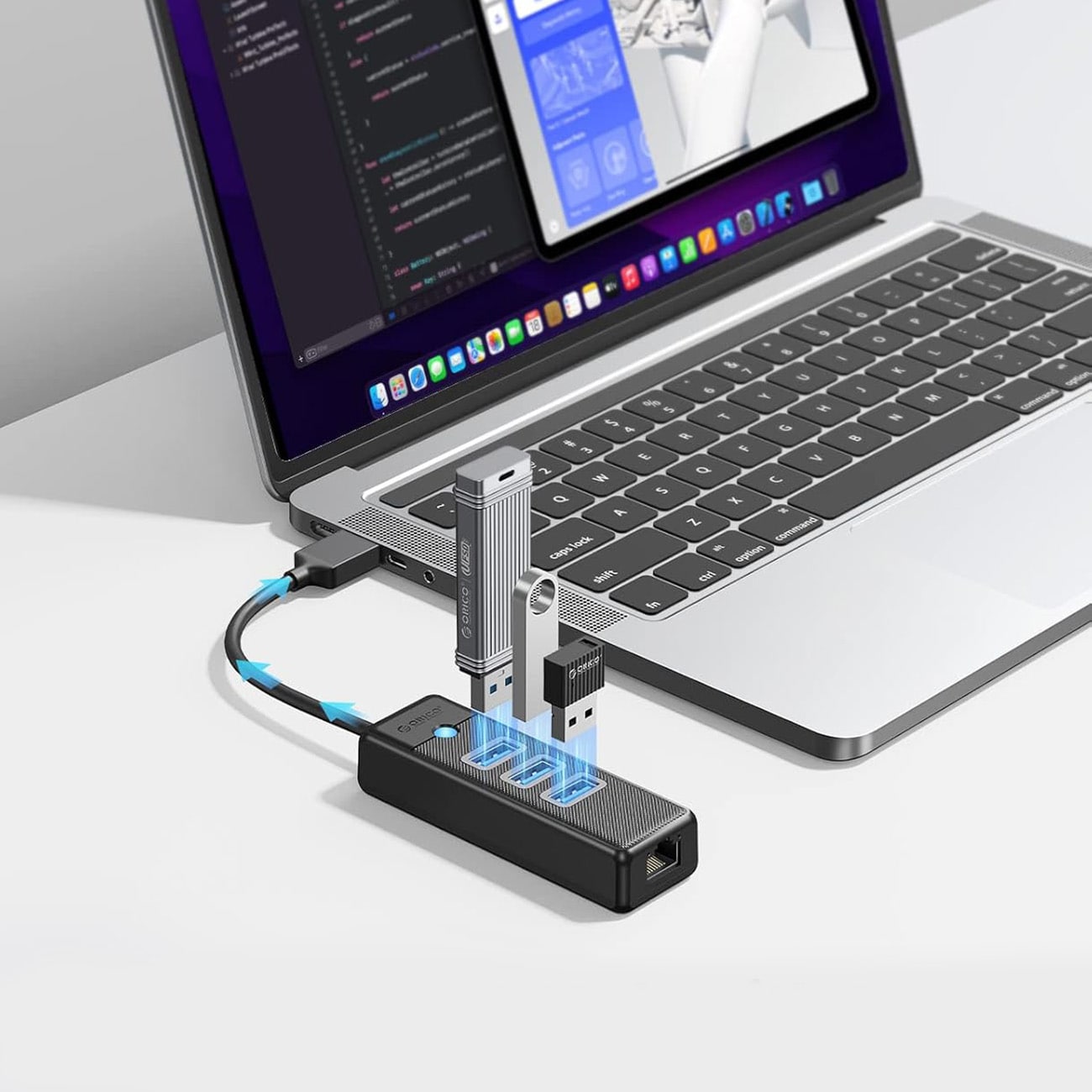 Orico PW3UR25-U3 USB-jakaja, 4 porttia: 3 x USB-A 3.0, 1 x RJ45 2,5 G Ethernet, 0,15 m – musta