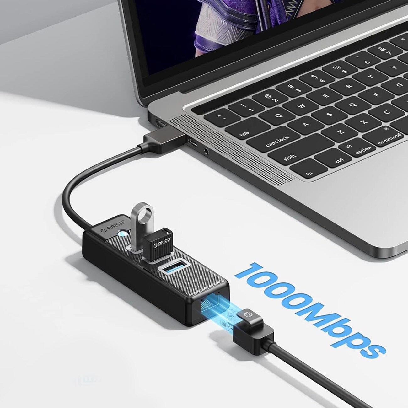 Orico PW3UR25-U3 USB-jakaja, 4 porttia: 3 x USB-A 3.0, 1 x RJ45 2,5G Ethernet, 1 m – musta