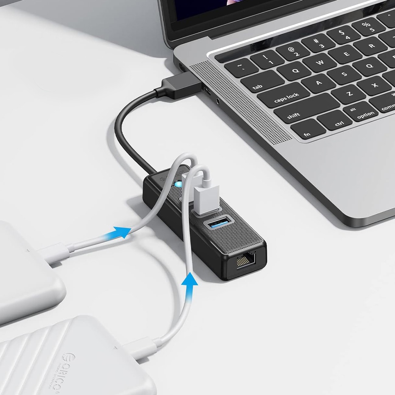 Orico PW3UR25-U3 USB-jakaja, 4 porttia: 3 x USB-A 3.0, 1 x RJ45 2,5G Ethernet, 1 m – musta