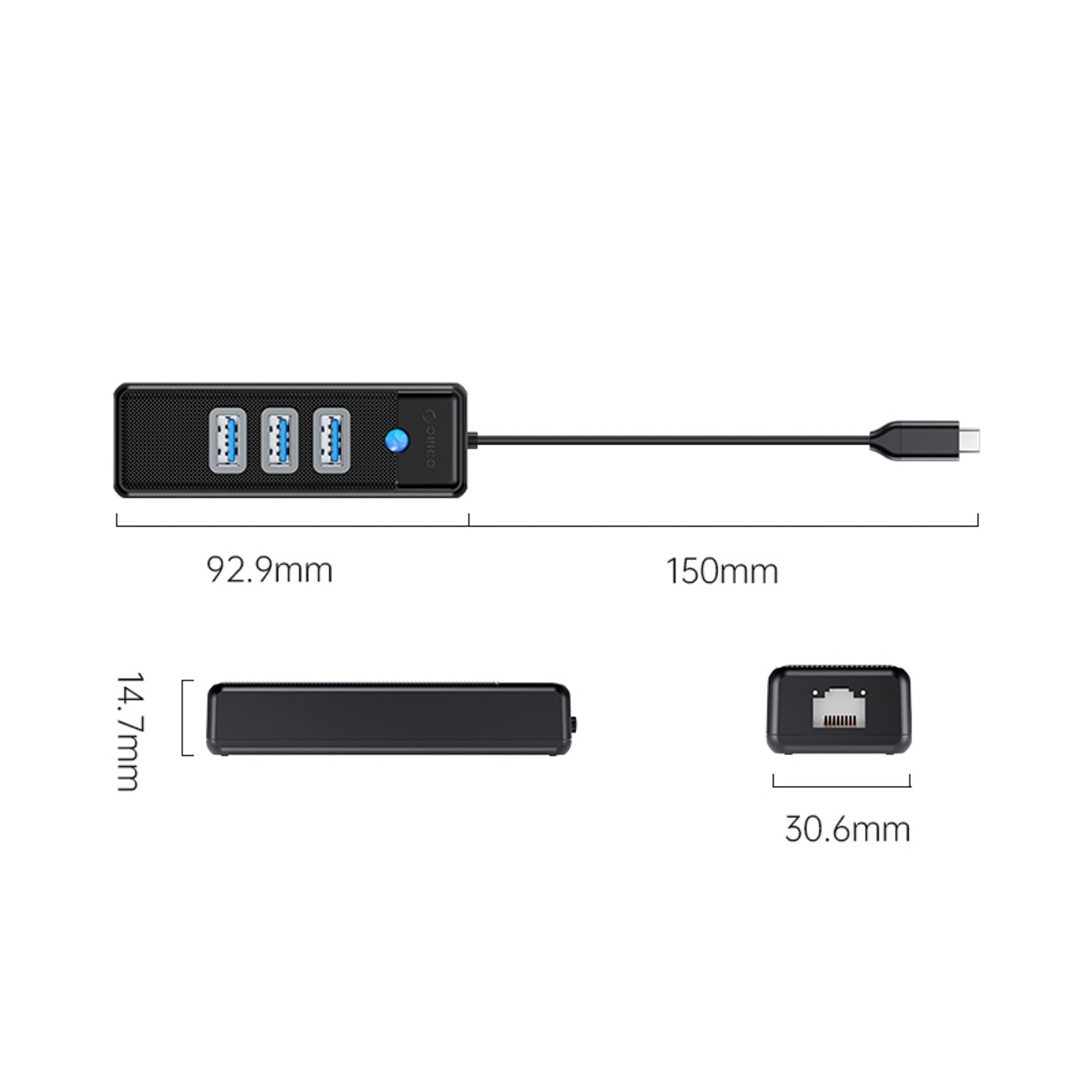 Orico PW3UR25-C3 USB-jakaja, 4 porttia: 3 x USB-A 3.0, 1 x RJ45 2,5G Ethernet, 0,15 m – musta