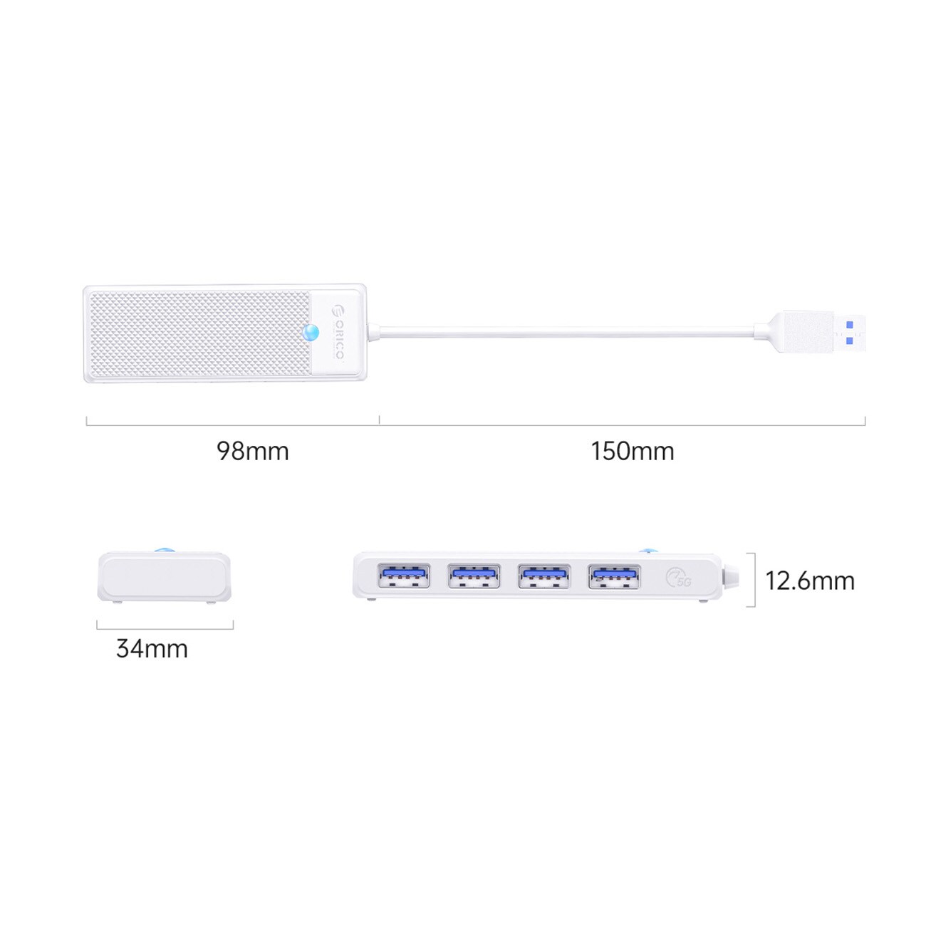Orico PAPW4A-U3 USB-jakaja, 4 porttia, 4 x USB-A 3.0, 1 m – valkoinen
