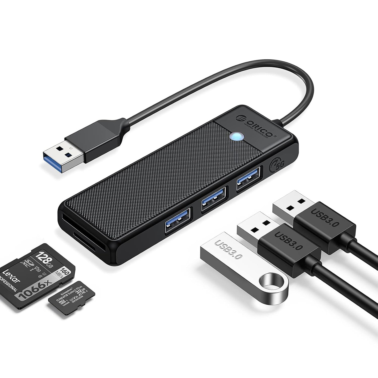 Orico PAPW3AT-U3 USB-jakaja, 4 porttia, 3 x USB-A 3.0, microSD-/SD-kortinlukija, 1 m – musta