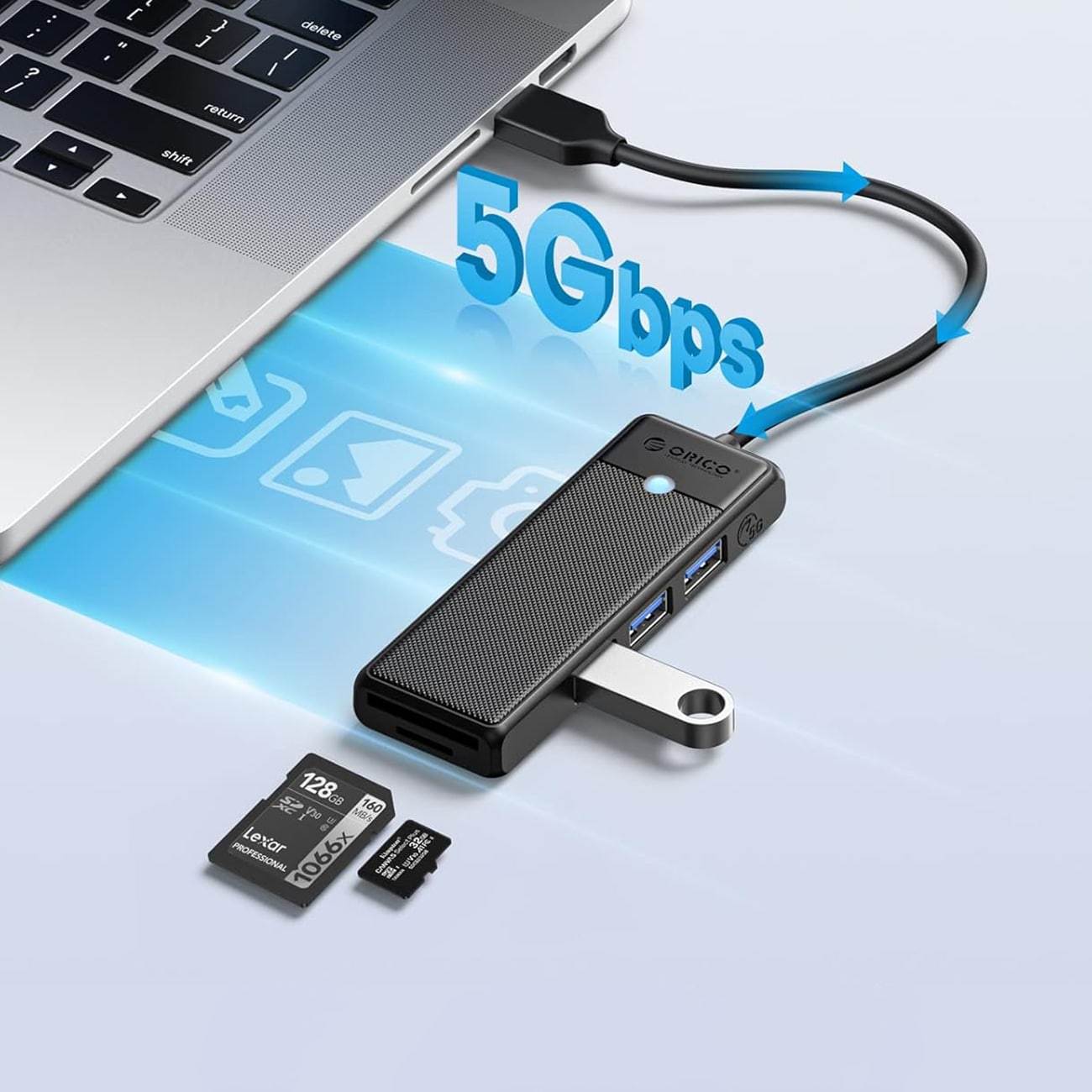 Orico PAPW3AT-U3 USB-jakaja, 4 porttia, 3 x USB-A 3.0, microSD-/SD-kortinlukija, 1 m – musta
