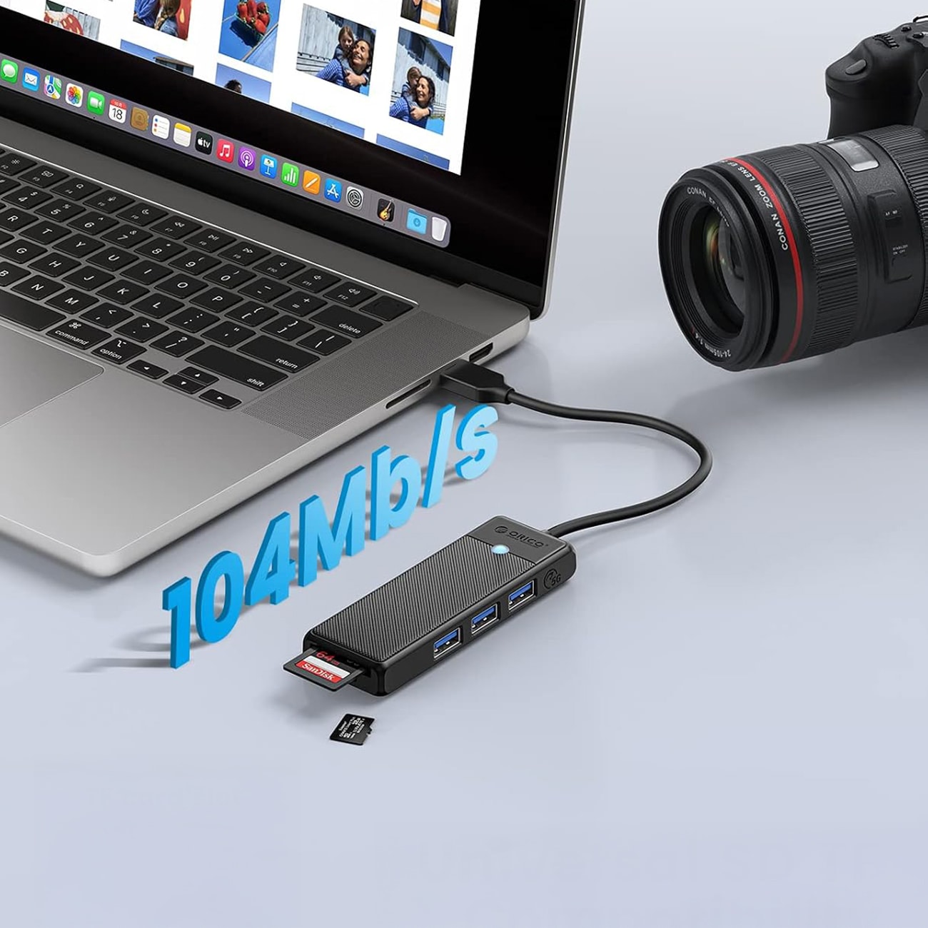 Orico PAPW3AT-U3 USB-jakaja, 4 porttia, 3 x USB-A 3.0, microSD-/SD-kortinlukija, 1 m – musta