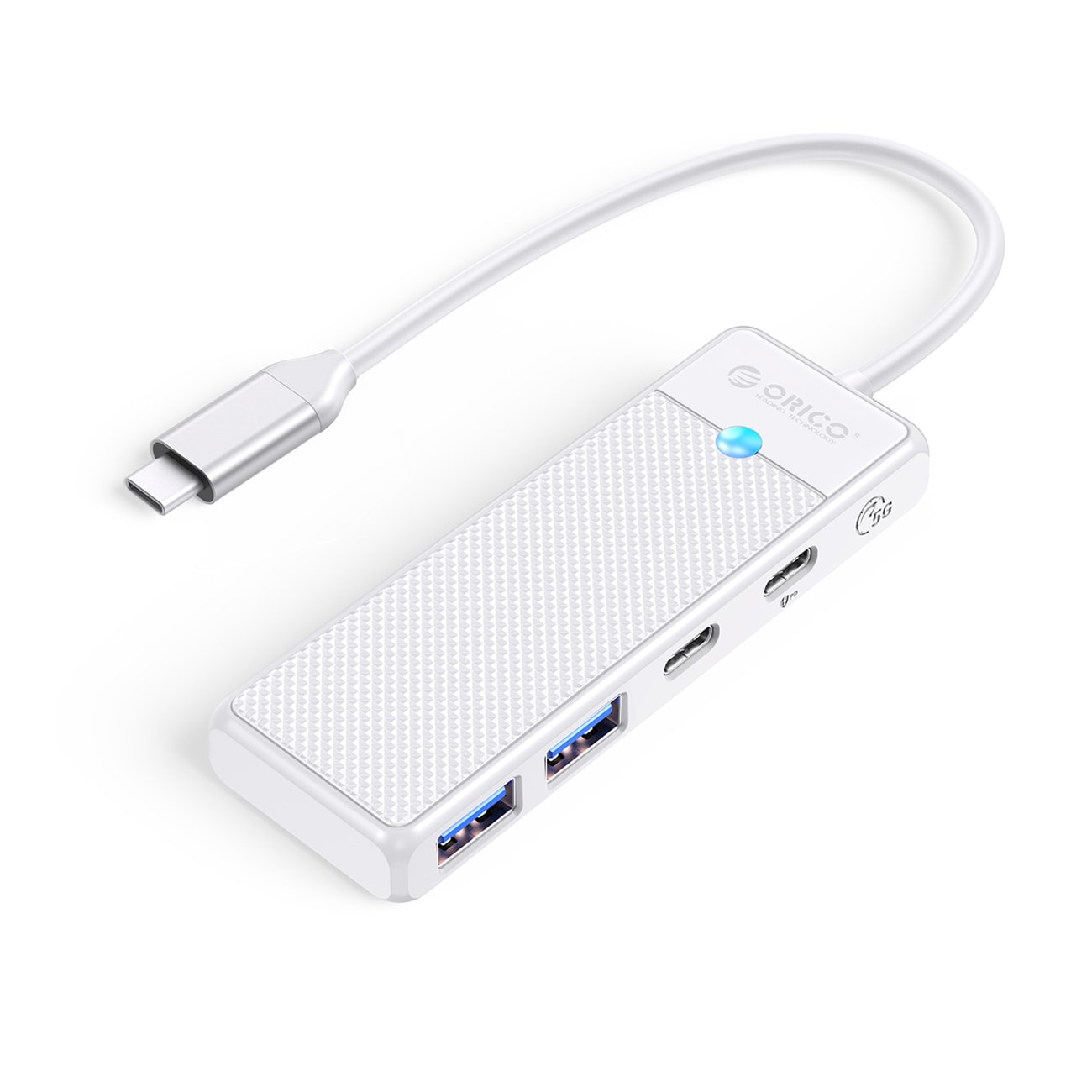 Orico PAPW2AC-C3 USB-jakaja, 4 porttia: 2x USB-A 3.0, 1x USB-C 3.0 (PD 100W), 0,15m, valkoinen