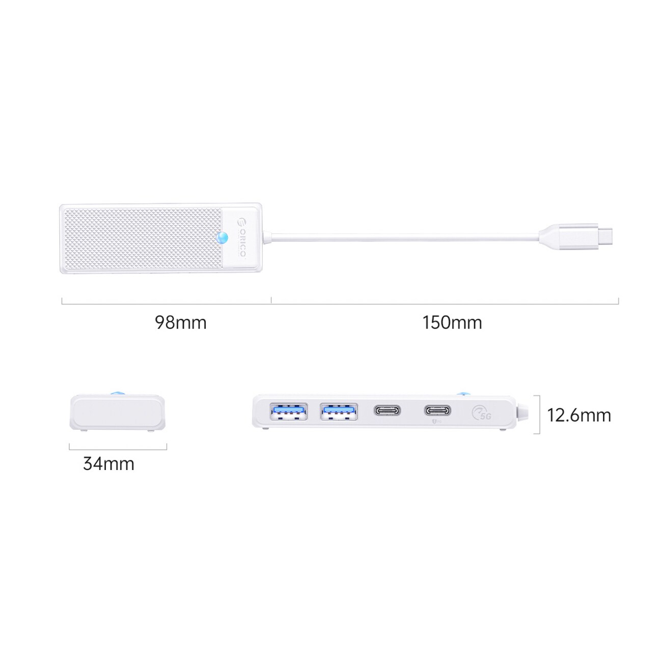 Orico PAPW2AC-C3 USB-jakaja, 4 porttia: 2x USB-A 3.0, 1x USB-C 3.0 (PD 100W), 0,15m, valkoinen