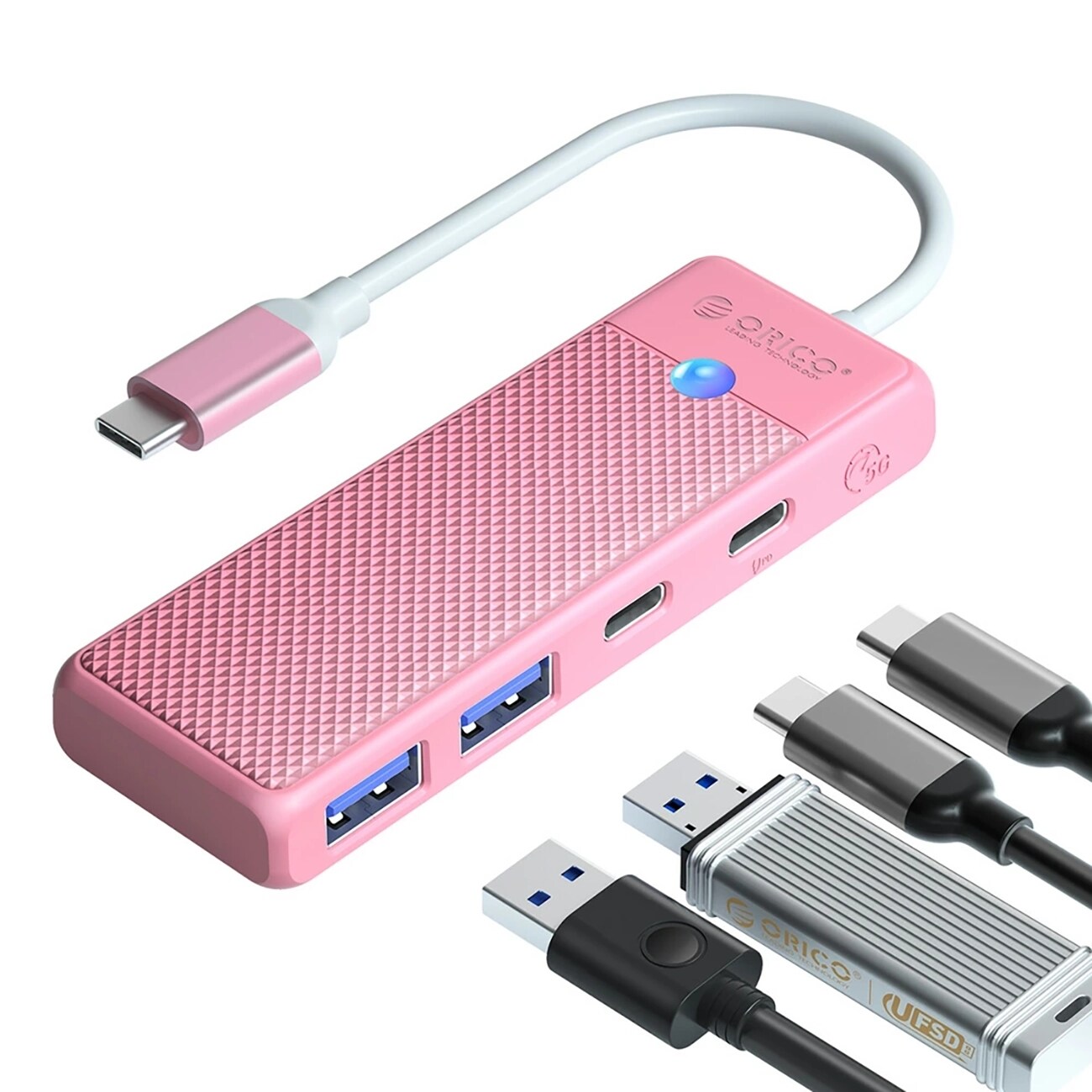 Orico PAPW2AC-C3-C3 USB-jakaja, 4 porttia: 2x USB-A 3.0, 1x USB-C 3.0, 0,15 m – vaaleanpunainen