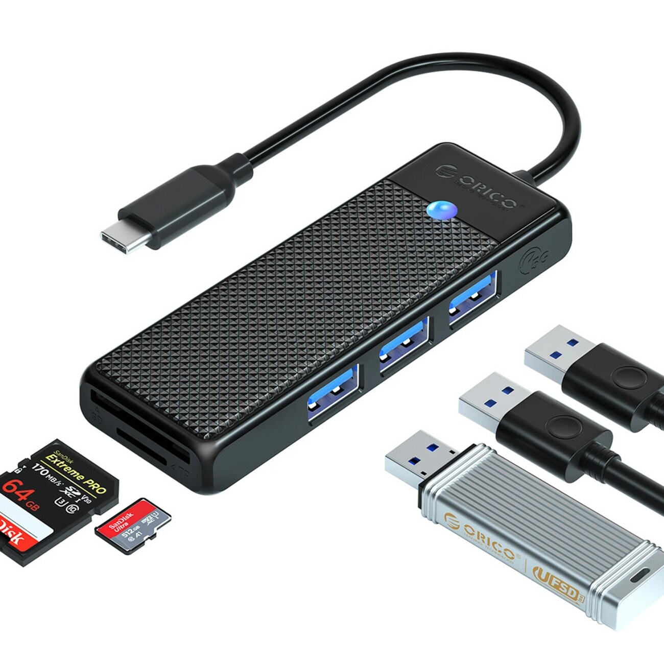 Orico PAPW3AT-C3 USB-jakaja, 4 porttia, 3 x USB-A 3.0, microSD-/SD-kortinlukija, 0,15 m – musta
