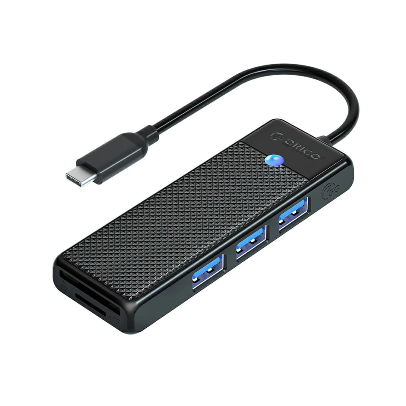 Orico PAPW3AT-C3 USB-jakaja, 4 porttia, 3 x USB-A 3.0, microSD-/SD-kortinlukija, 1 m – musta
