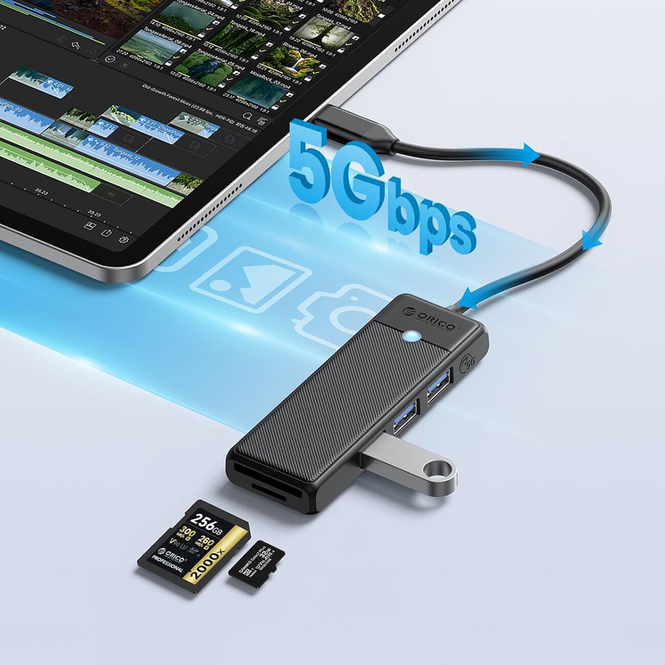 Orico PAPW3AT-C3 USB-jakaja, 4 porttia, 3 x USB-A 3.0, microSD-/SD-kortinlukija, 1 m – musta