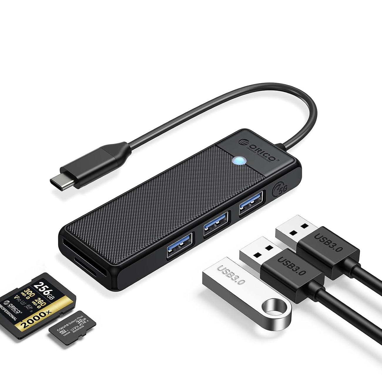 Orico PAPW3AT-C3 USB-jakaja, 4 porttia, 3 x USB-A 3.0, microSD-/SD-kortinlukija, 1 m – musta