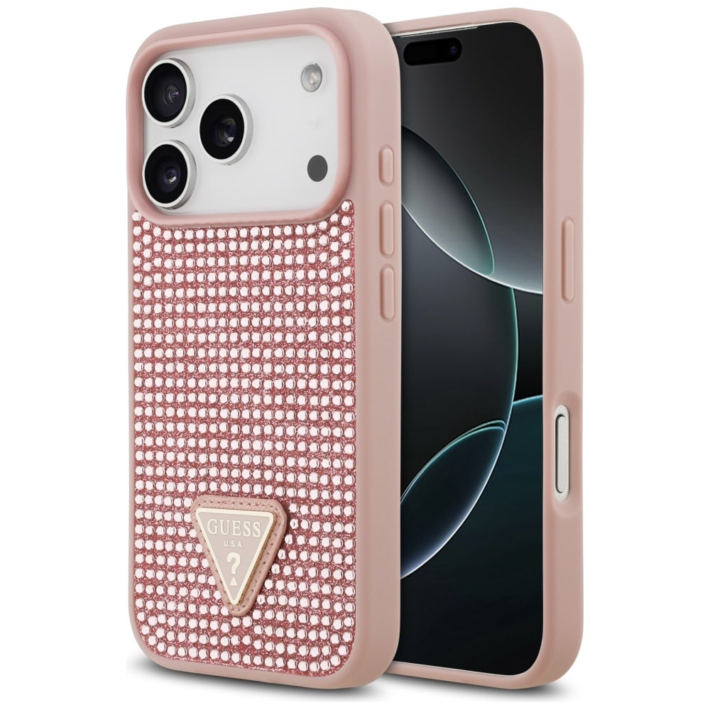 Guess-merkkinen, strassikoristeltu kolmiomainen logo - iPhone 17 Pro -suojakotelo – vaaleanpunainen