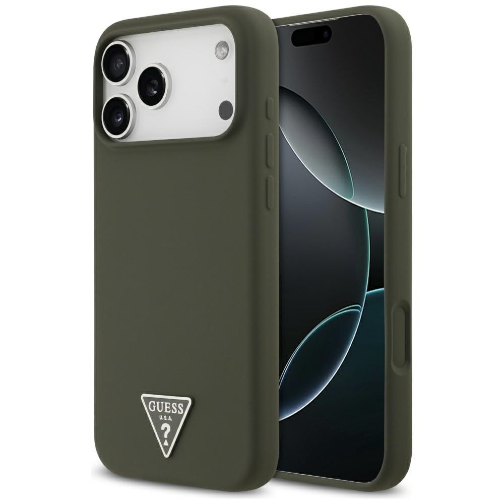 Guess-silikonikotelo, jossa kolmiomainen logo, MagSafe-yhteensopiva, iPhone 17 Pro Max - vihreä