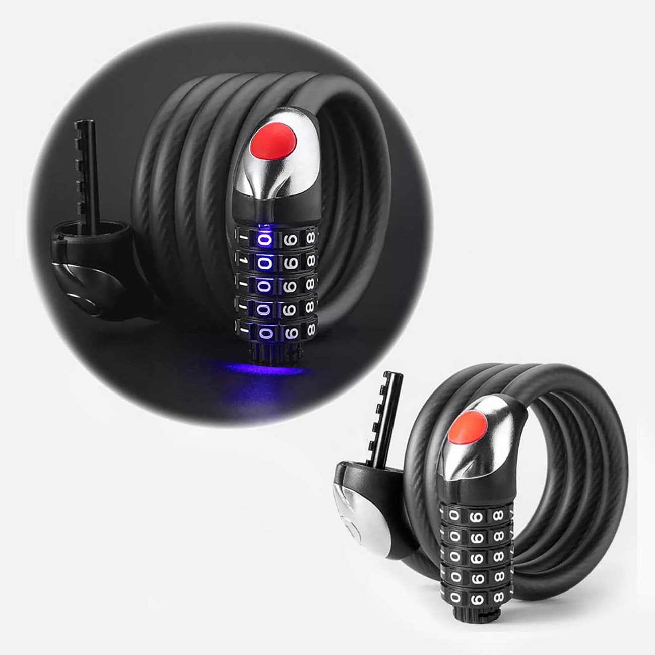 Rockbros RKS531 -polkupyörälukko, 5-numeroinen koodi, teräsköysi, 120 cm, LED-valolla – musta