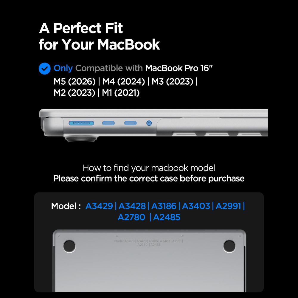 Spigen AirSkin -suojakotelo MacBook Pro 16" (2021–2026) – läpinäkyvä, mattapintainen