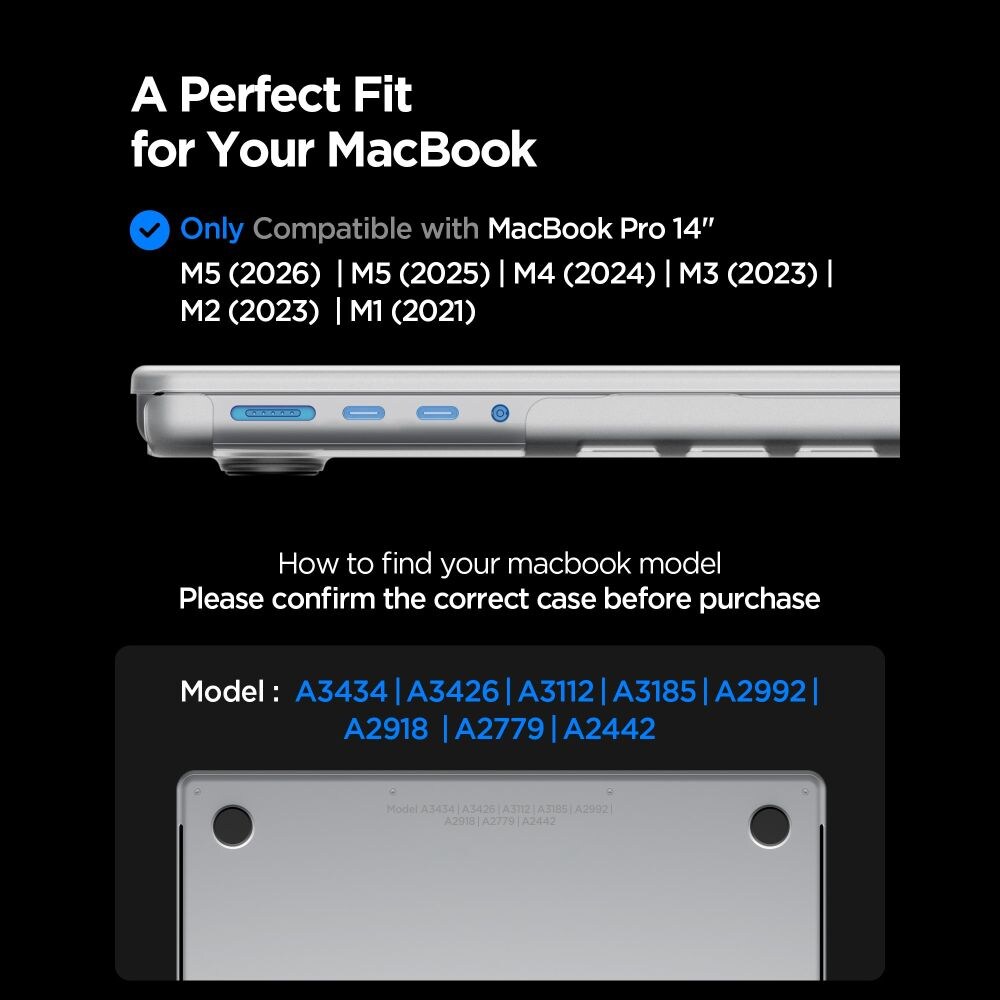 Spigen AirSkin -suojakotelo MacBook Pro 14" (2021/2023/2024/2025/2026) – läpinäkyvä, mattapinta