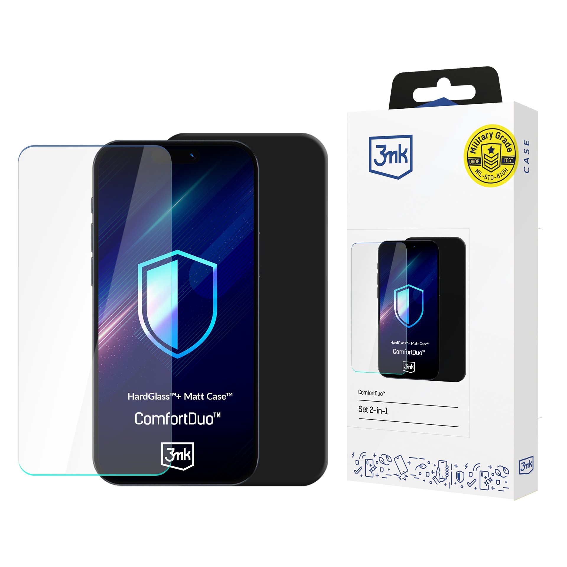HardGlass™ karkaistu lasi + Matt Case™ 3mk ComfortDuo -kotelo Samsung Galaxy A17 5G – musta