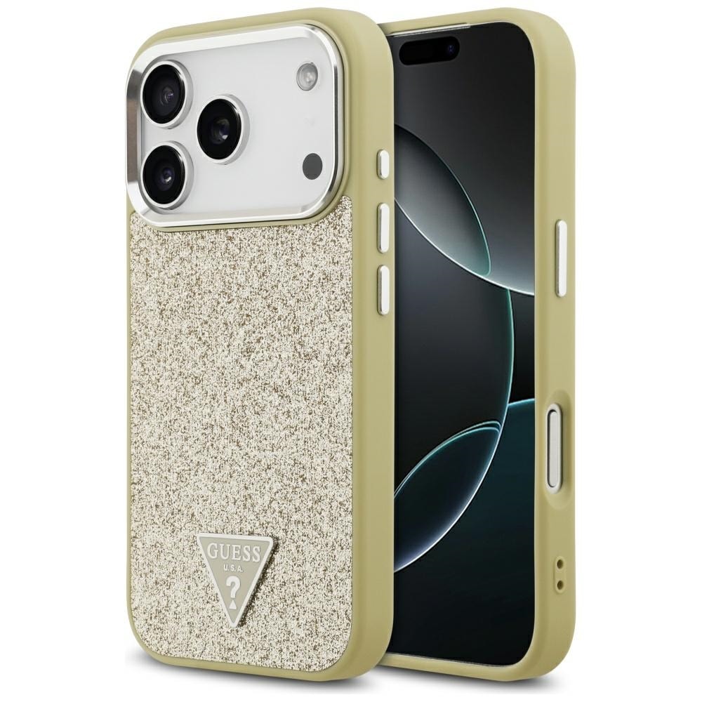 Guess Glitter Triangle -logoinen MagSafe-suojakotelo iPhone 17 Pro:lle – kultainen