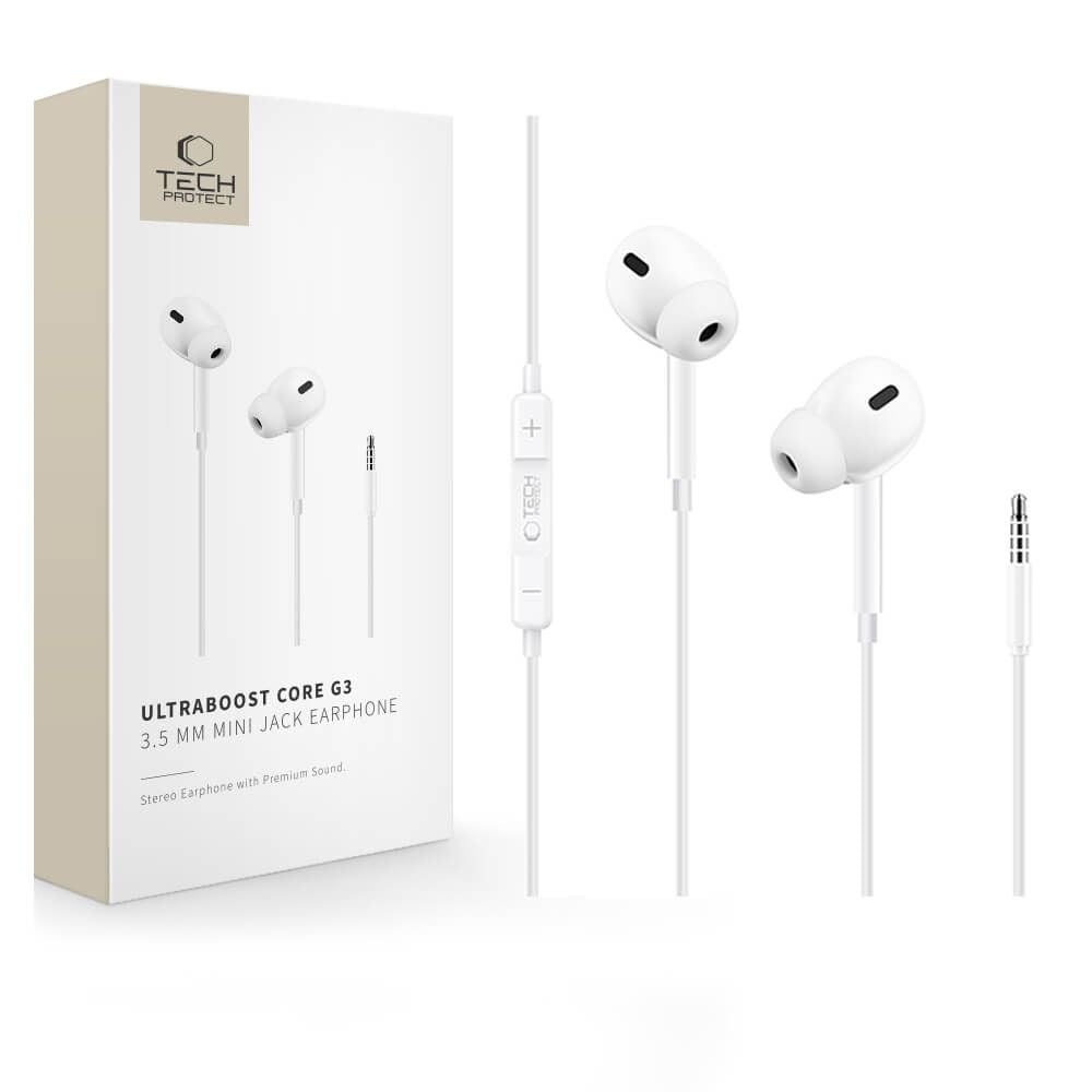 Tech-Protect Ultraboost Core G3 -langalliset kuulokkeet, miniliitin – valkoiset