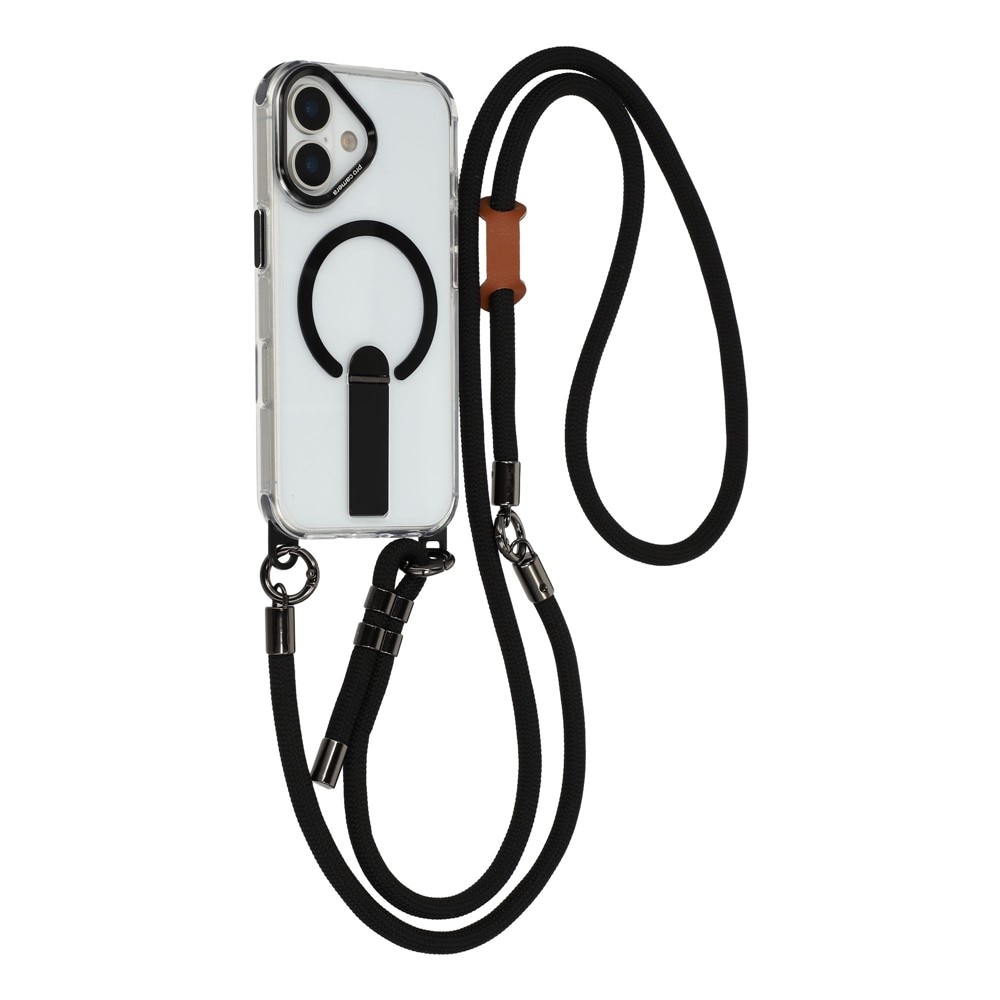 iPhone 17 -suojakotelo telineellä, lyhyt hihna 30 cm ja pitkä 120 cm, MagSafe-yhteensopiva – musta