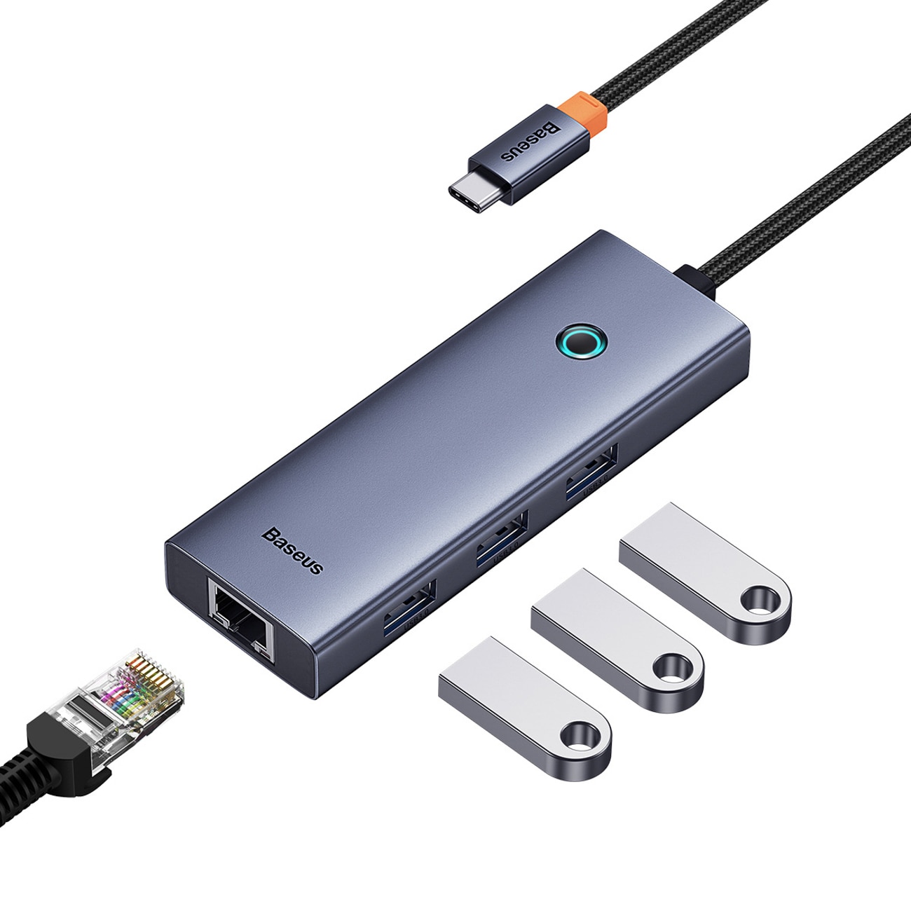 Baseus UltraJoy -sarjan 5-in-1 USB-C–HDMI 4K -USB-keskitin, 4 x USB-A 3.0 -liitäntä – harmaa