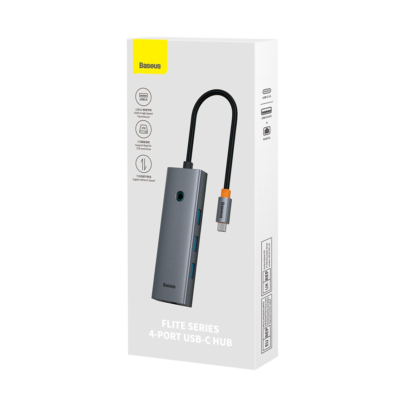 Baseus UltraJoy -sarjan 5-in-1 USB-C–HDMI 4K -USB-keskitin, 4 x USB-A 3.0 -liitäntä – harmaa