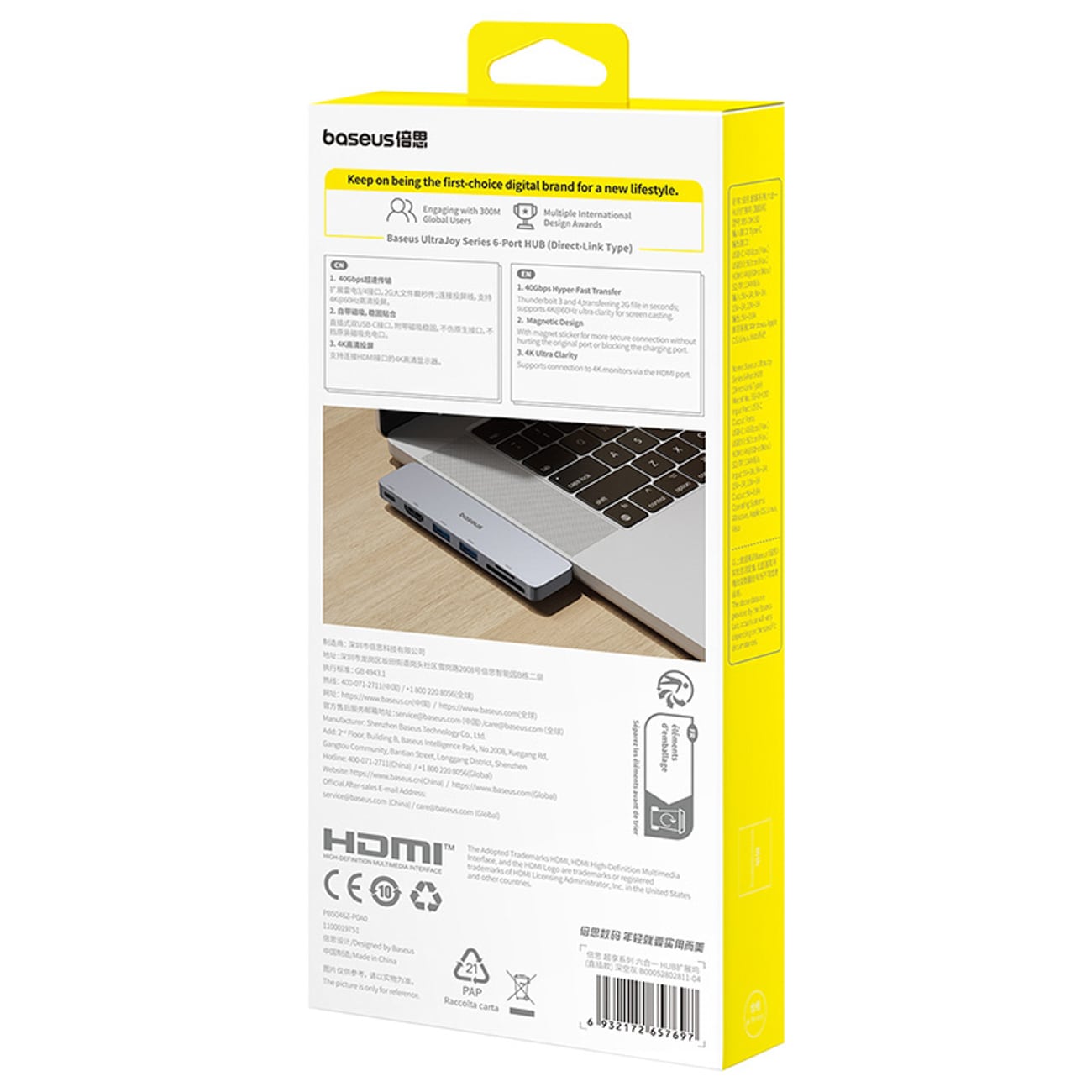 Baseus UltraJoy 6-in-1 USB-C -keskitin 40 Gb/s USB 3.0 HDMI 4K SD/microSD – harmaa
