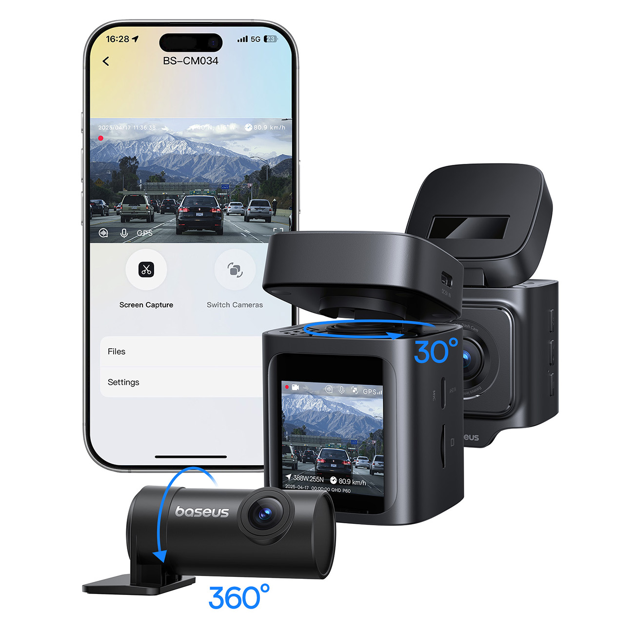Baseus PrimeTrip VD1 Pro 4K -autokamera, jossa on 1080p-takakamera ja virtalähdesarja – musta