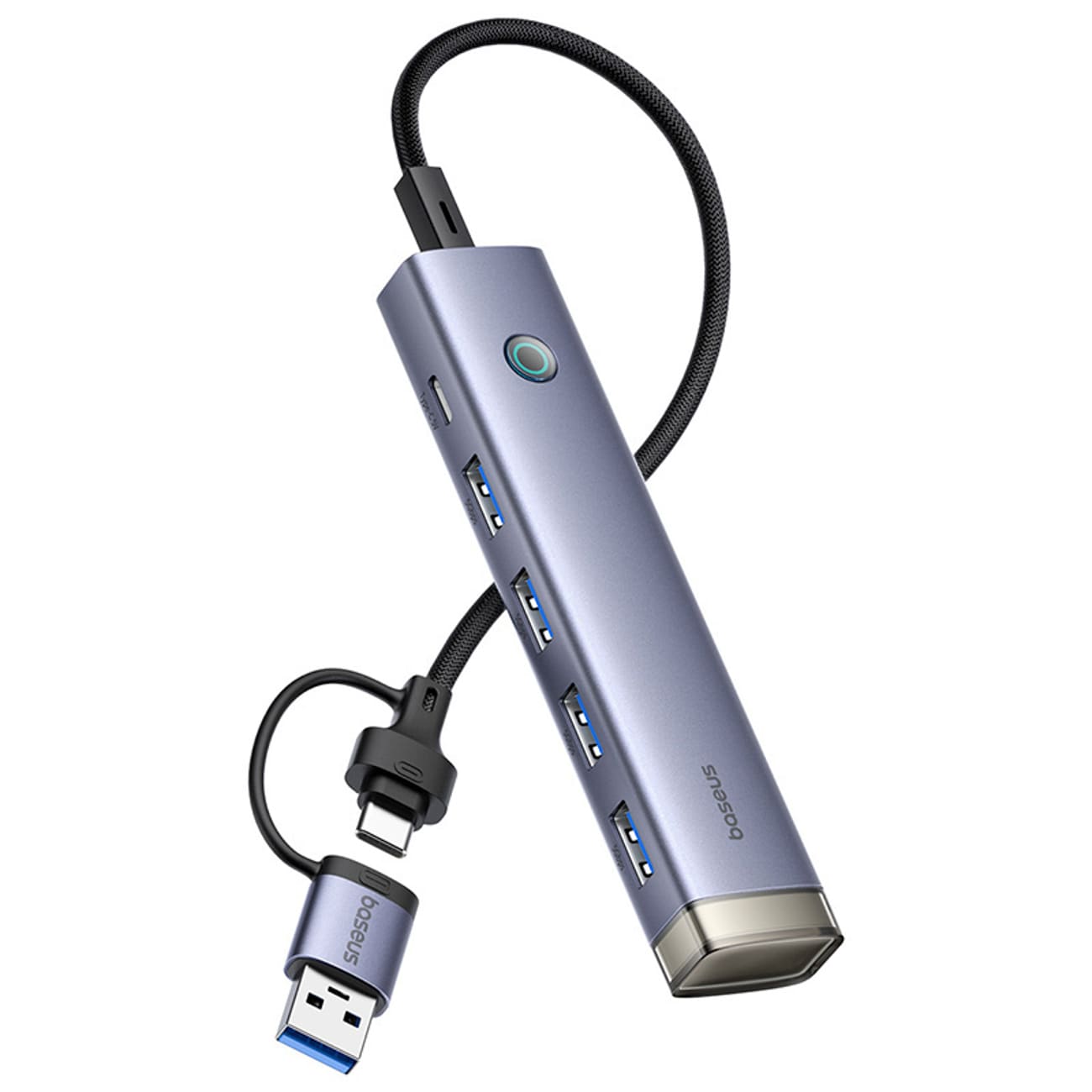 Baseus UltraJoy -sarjan USB-A/USB-C-jakaja, 4 x USB-A 3.0, 1 x USB-C 5 V – harmaa