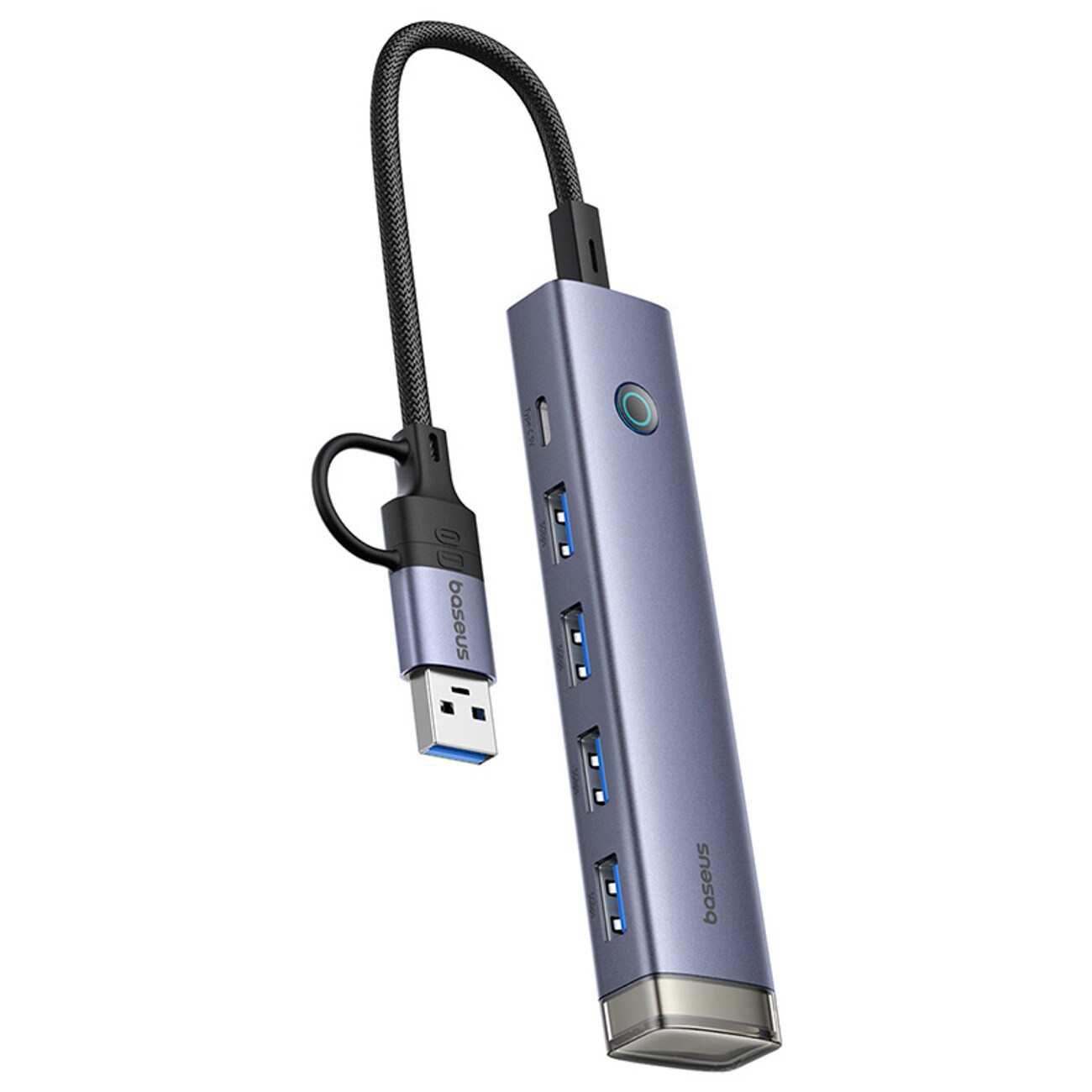 Baseus UltraJoy -sarjan USB-A/USB-C-jakaja, 4 x USB-A 3.0, 1 x USB-C 5 V – harmaa