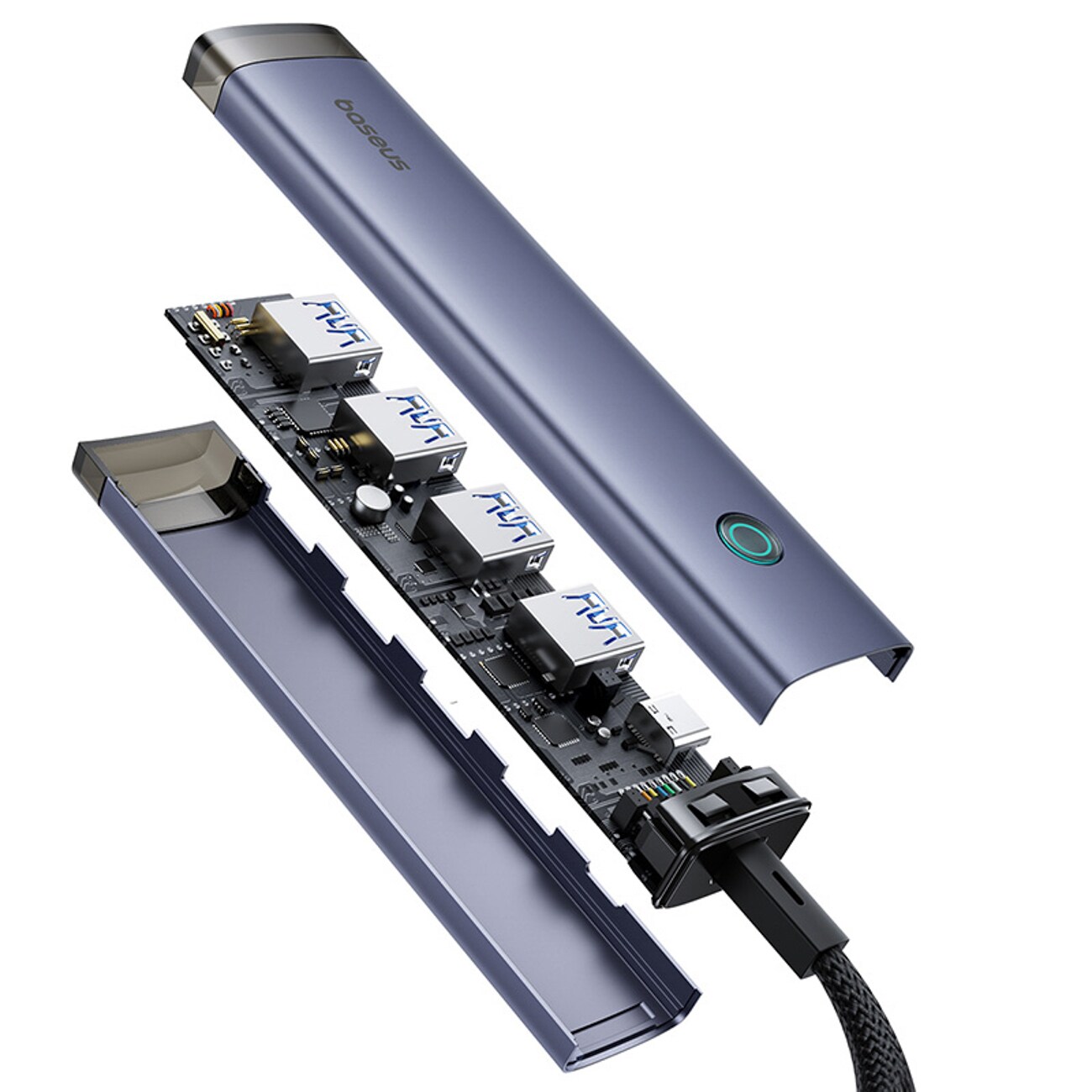 Baseus UltraJoy -sarjan USB-A/USB-C-jakaja, 4 x USB-A 3.0, 1 x USB-C 5 V – harmaa